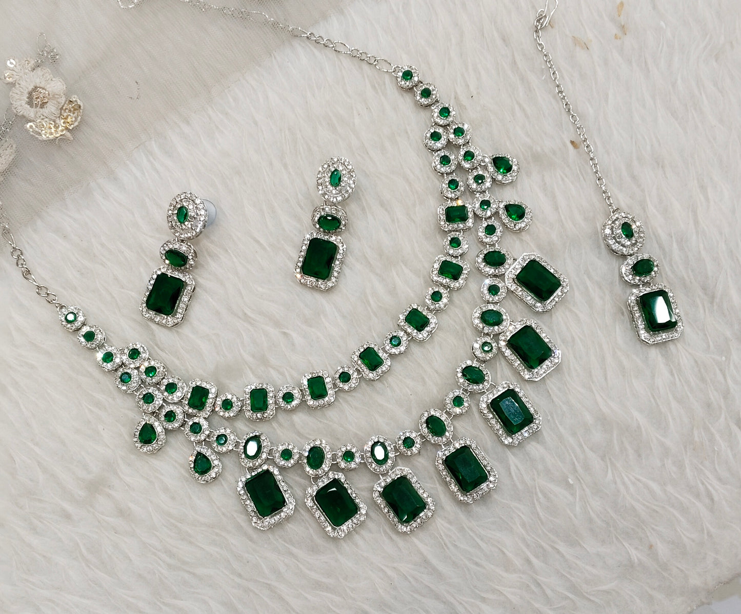 Green Silver Zircon Necklace Jewellery Siraj Set