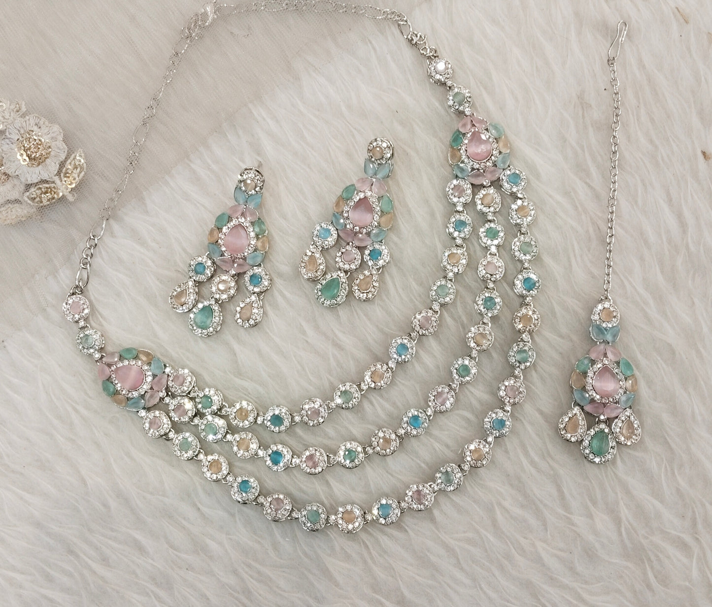 Multi Color Silver Zircon Necklace Jewellery Varun Set