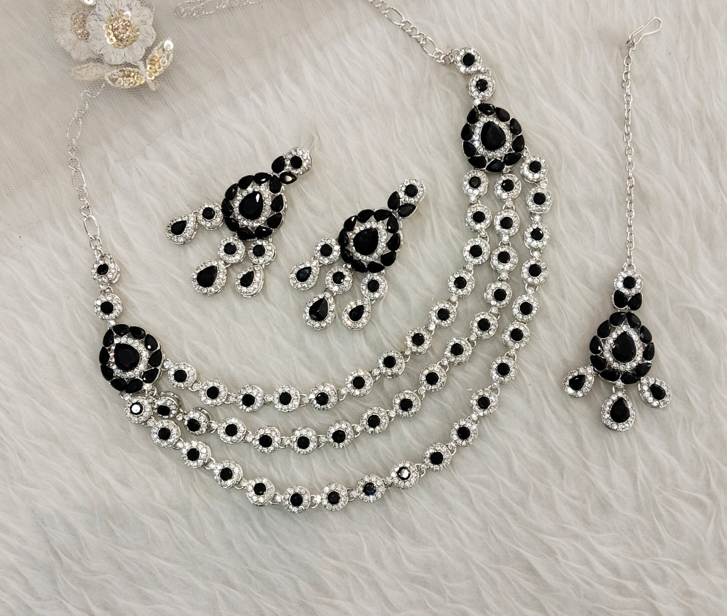 Black Silver Zircon Necklace Jewellery Varun Set