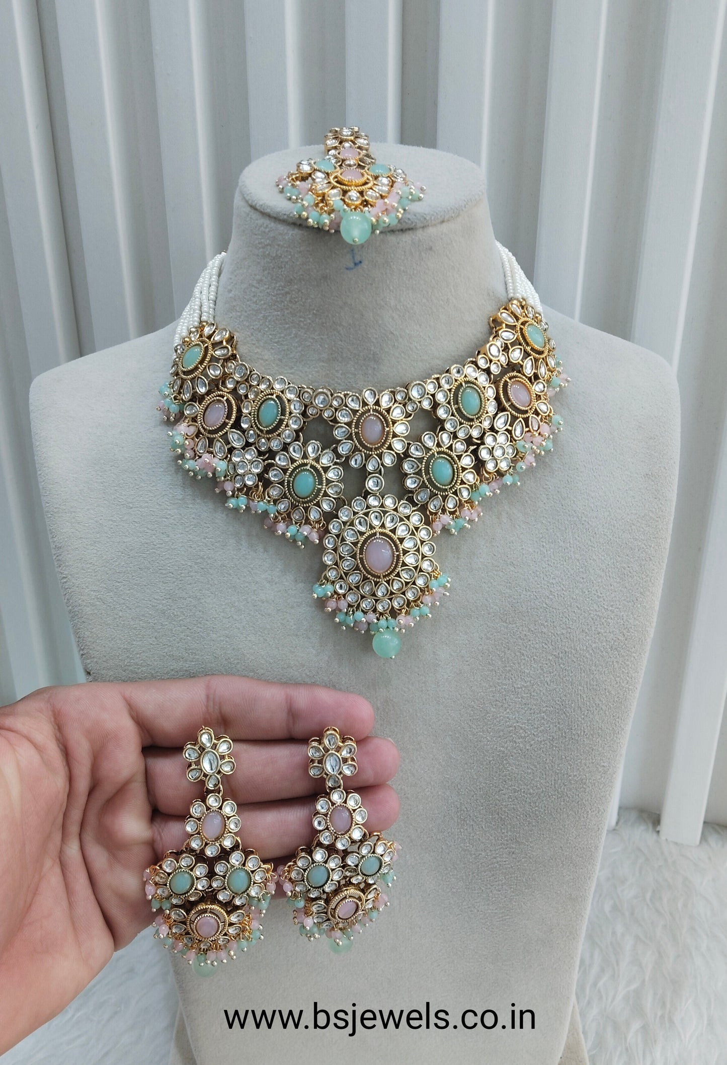 Mint Pink Gold Kundan Necklace Jewellery Ritika Set