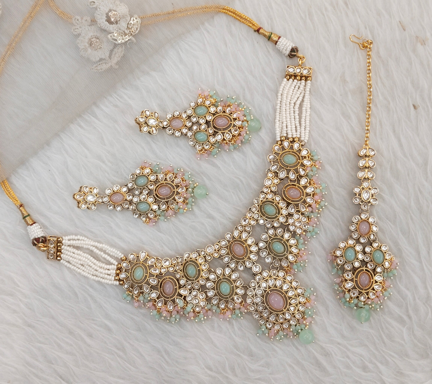 Mint Pink Gold Kundan Necklace Jewellery Ritika Set