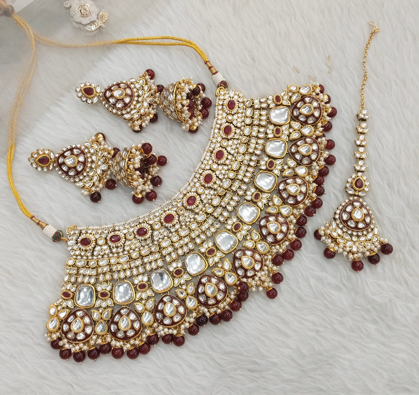 Maroon Gold Bridal Kundan Necklace Jewellery Raju Set
