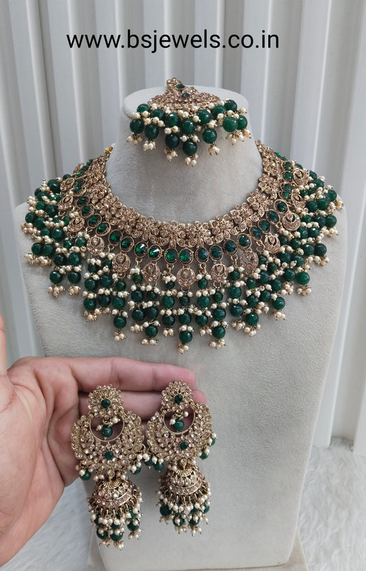 Green Antique Gold Bridal Necklace Raju Set