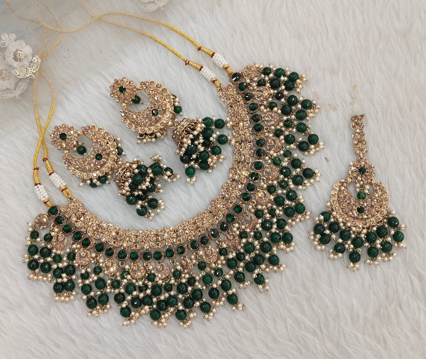 Green Antique Gold Bridal Necklace Raju Set