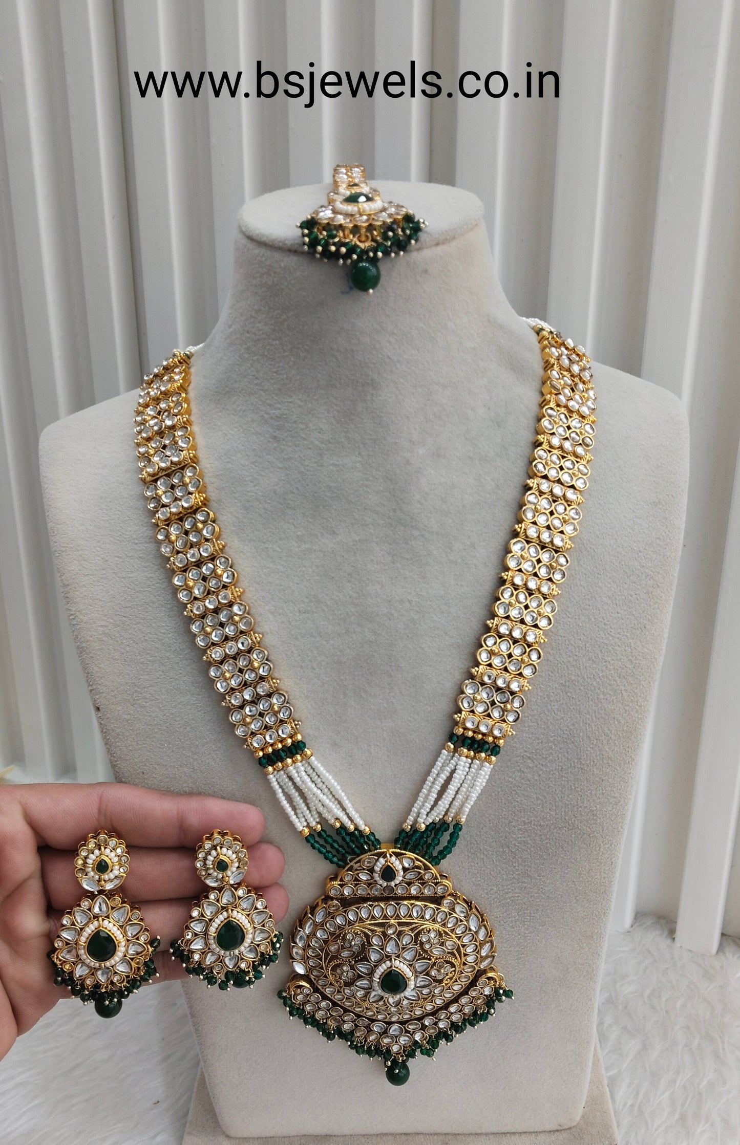 Green Gold Kundan Long Rani Haar Necklace Jewellery Rekha Set