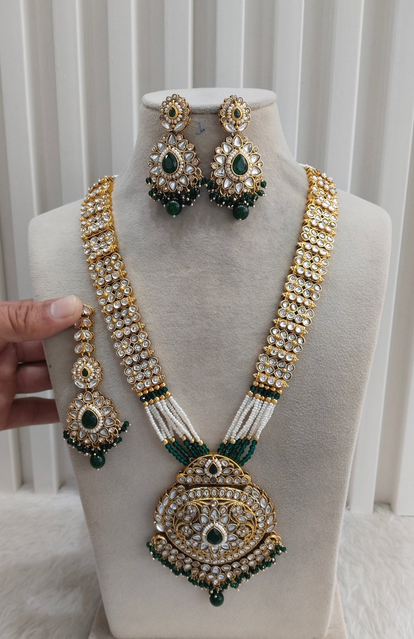 Green Gold Kundan Long Rani Haar Necklace Jewellery Rekha Set