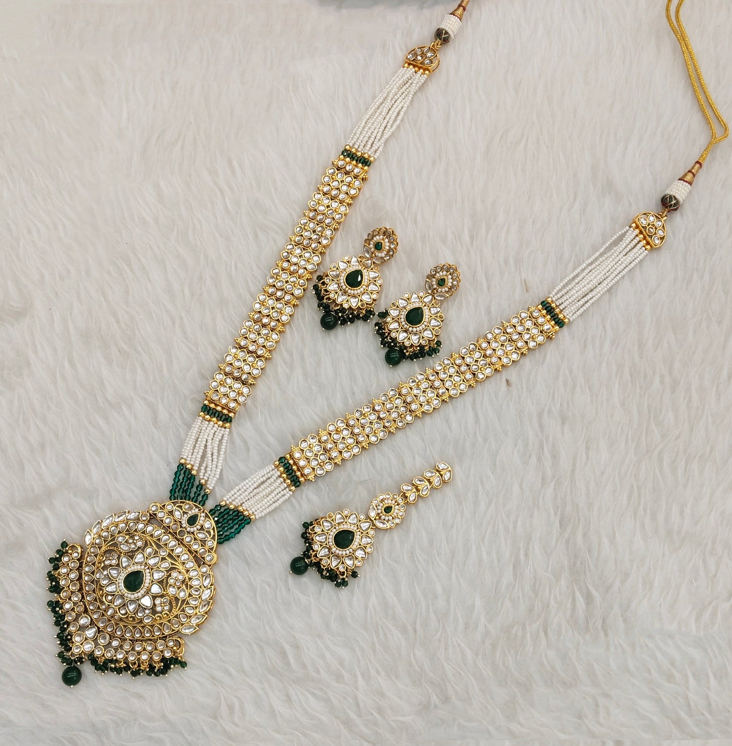 Green Gold Kundan Long Rani Haar Necklace Jewellery Rekha Set