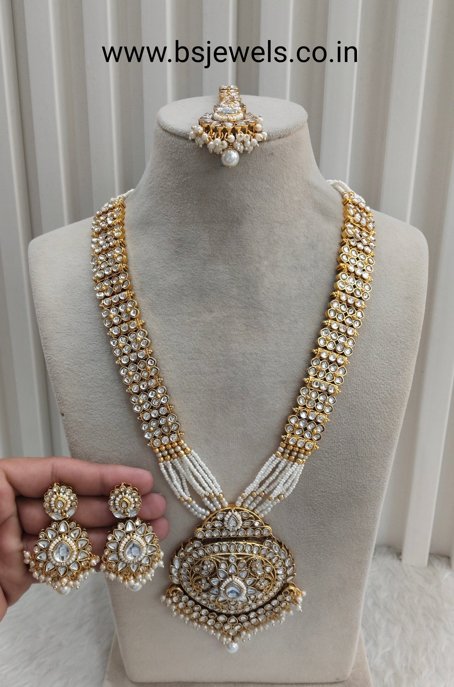 White Gold Kundan Long Rani Haar Necklace Jewellery Rekha Set