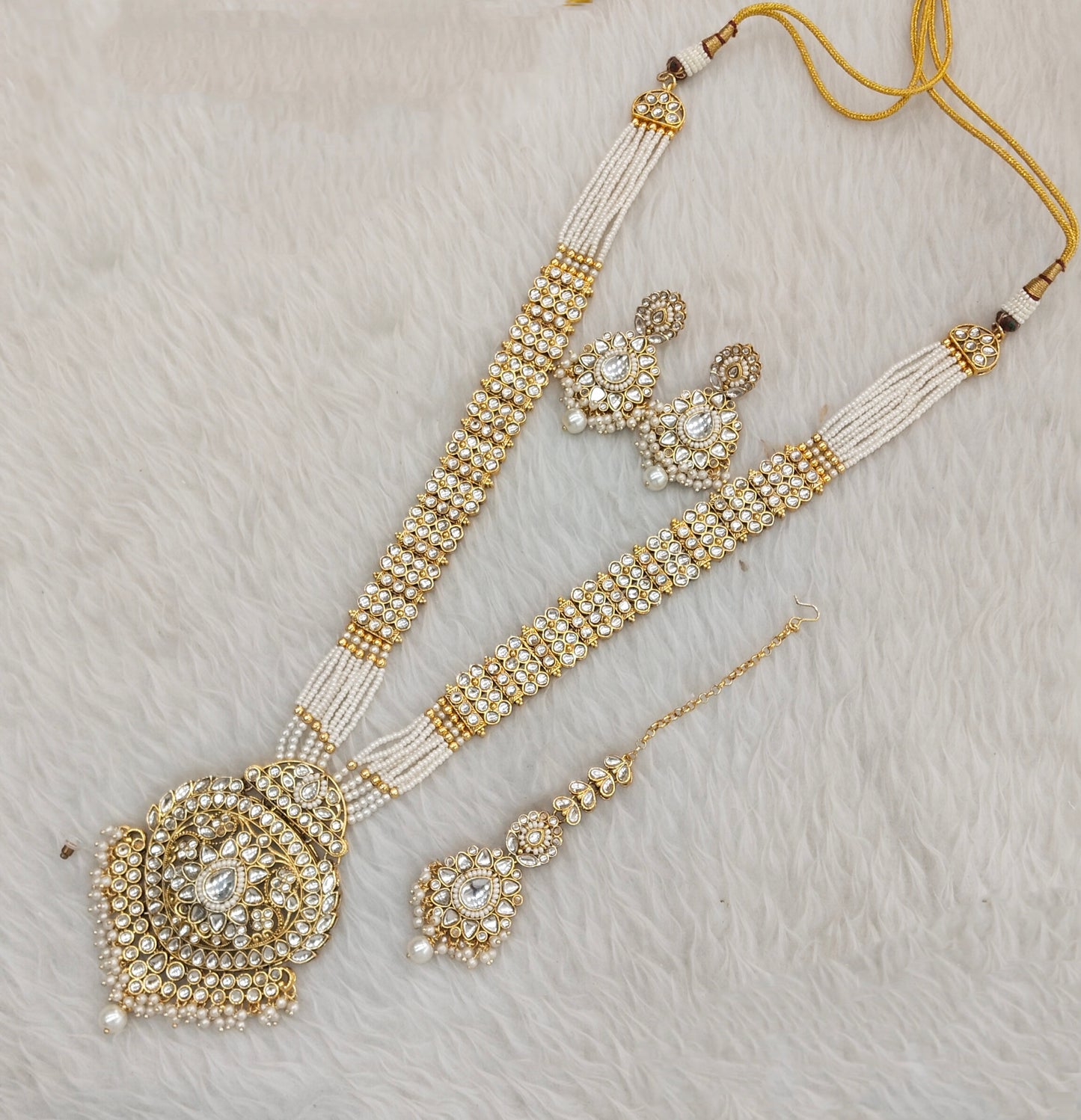 White Gold Kundan Long Rani Haar Necklace Jewellery Rekha Set