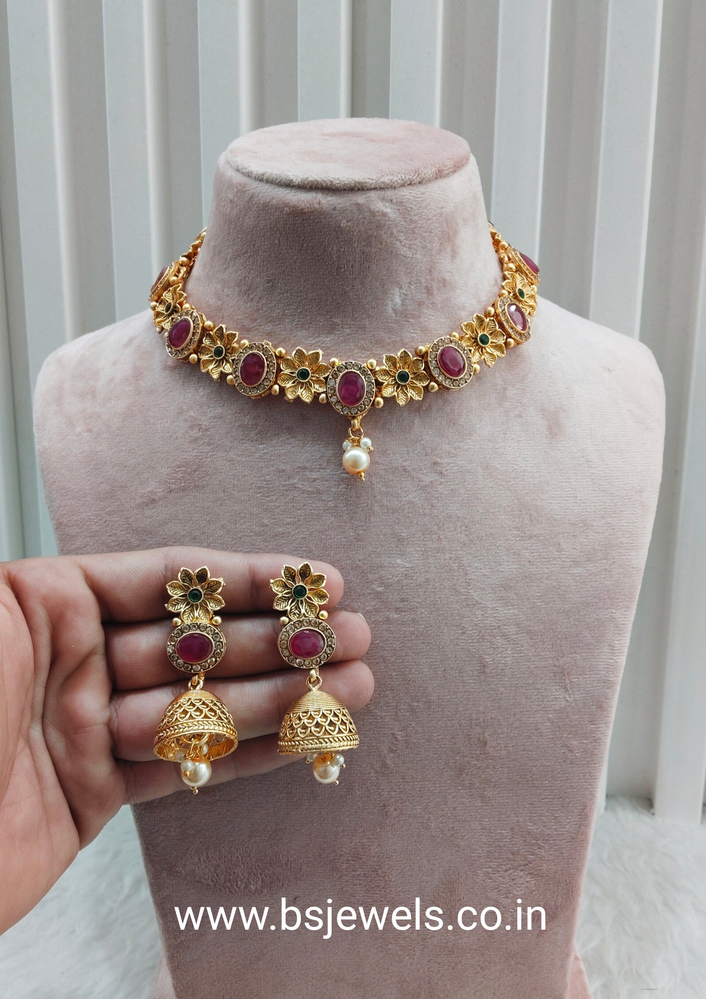 Ruby Green Gold Polki Necklace Jewellery Santer Set