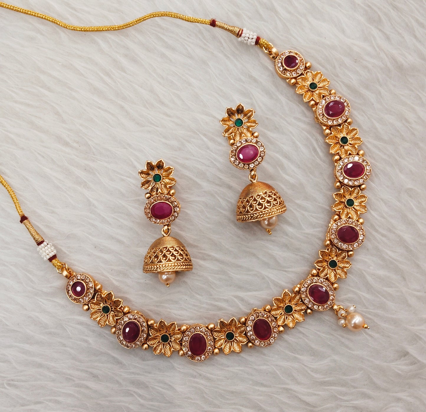 Ruby Green Gold Polki Necklace Jewellery Santer Set