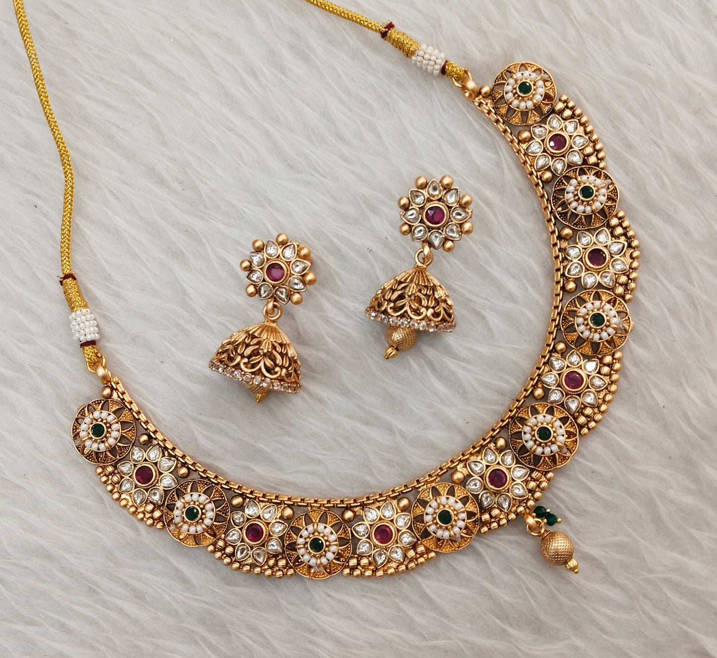 Ruby Green Gold Polki Necklace Jewellery Santer Set