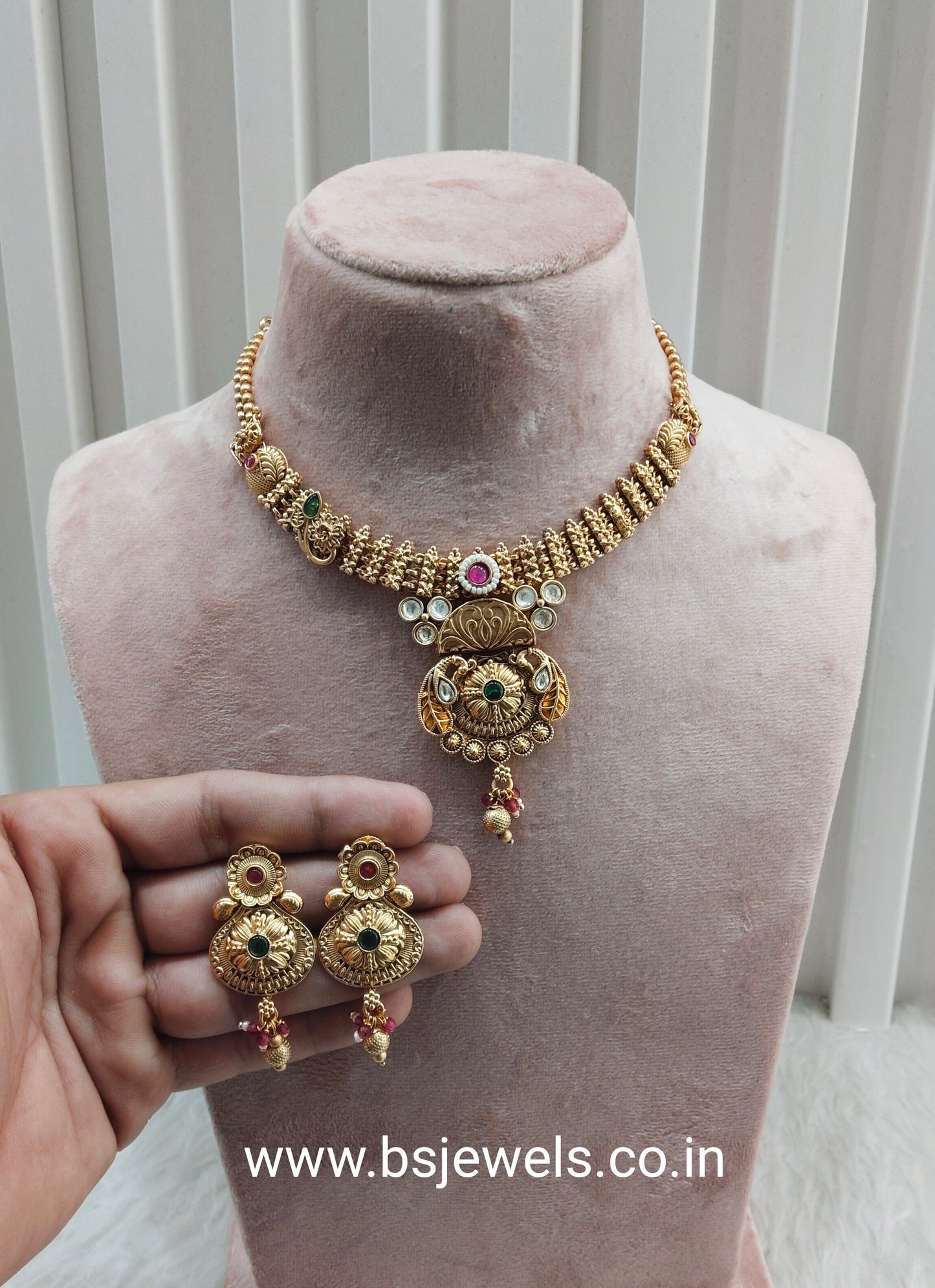 Ruby Green Gold Polki Necklace Jewellery Rashid Set