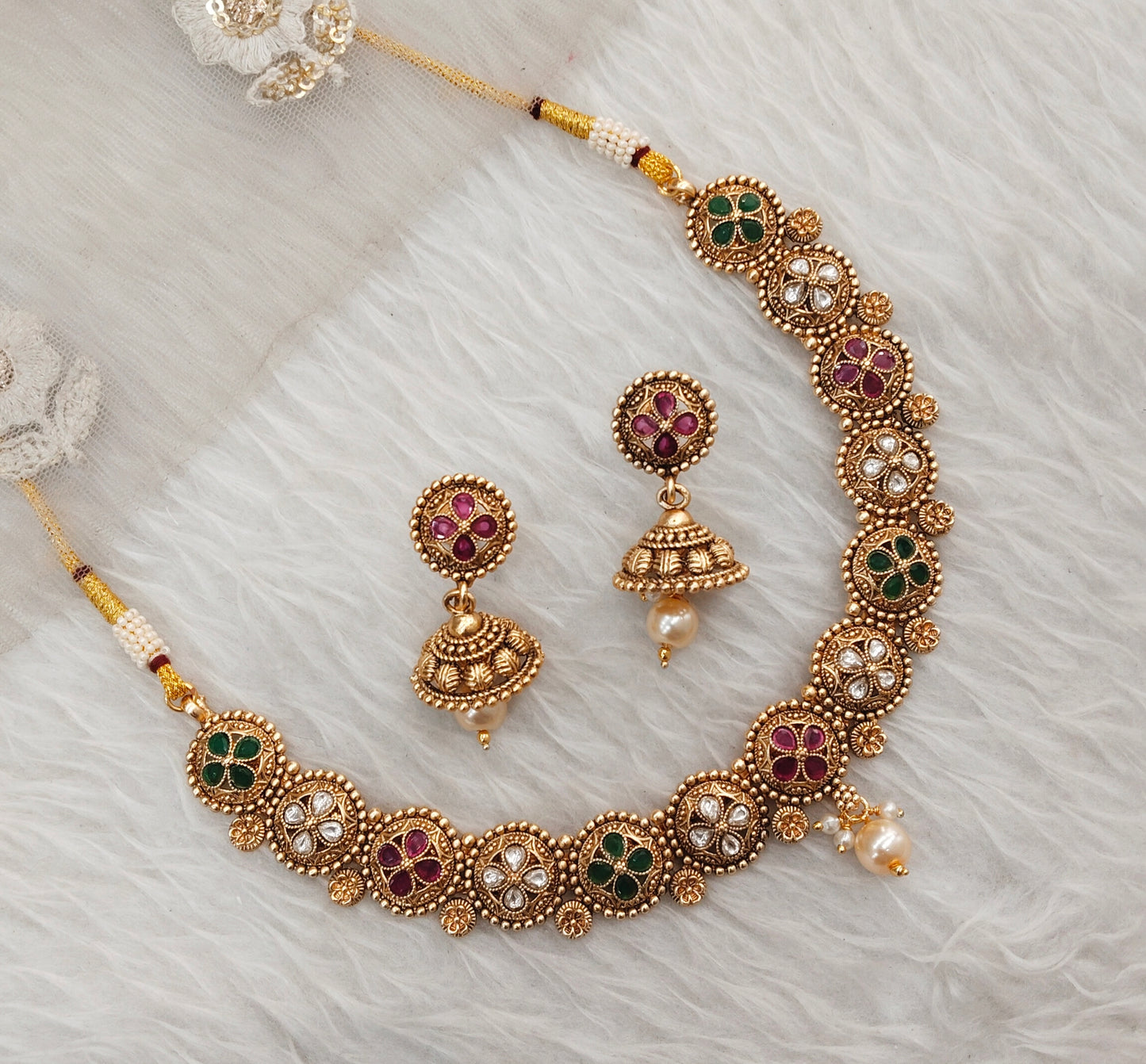 Ruby Green Gold Polki Necklace Jewellery Rashid Set