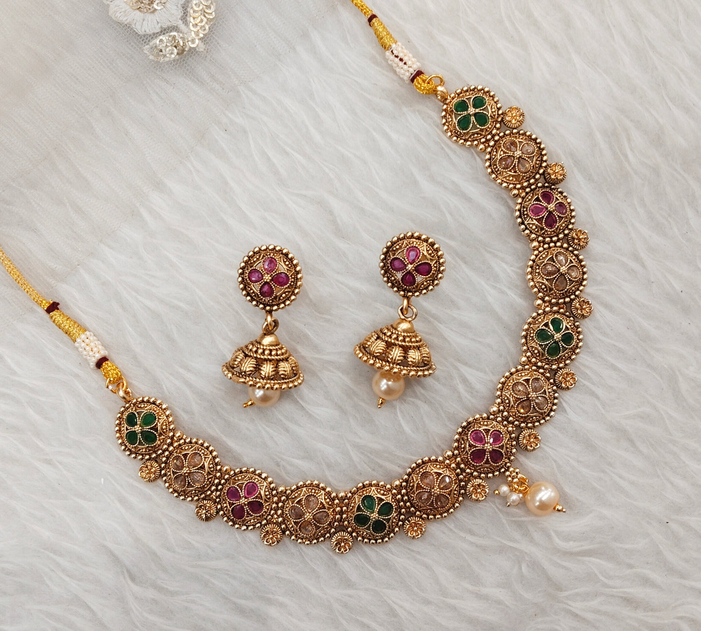 Ruby Green Gold Polki Necklace Jewellery Rashid Set