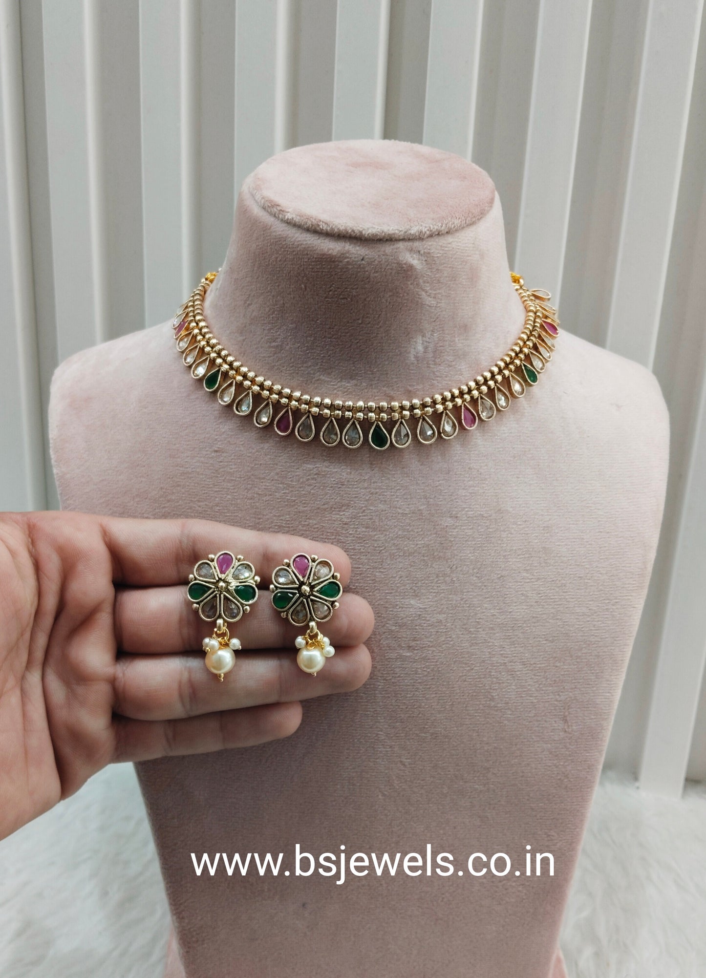 Ruby Green Gold Polki Necklace Jewellery Set