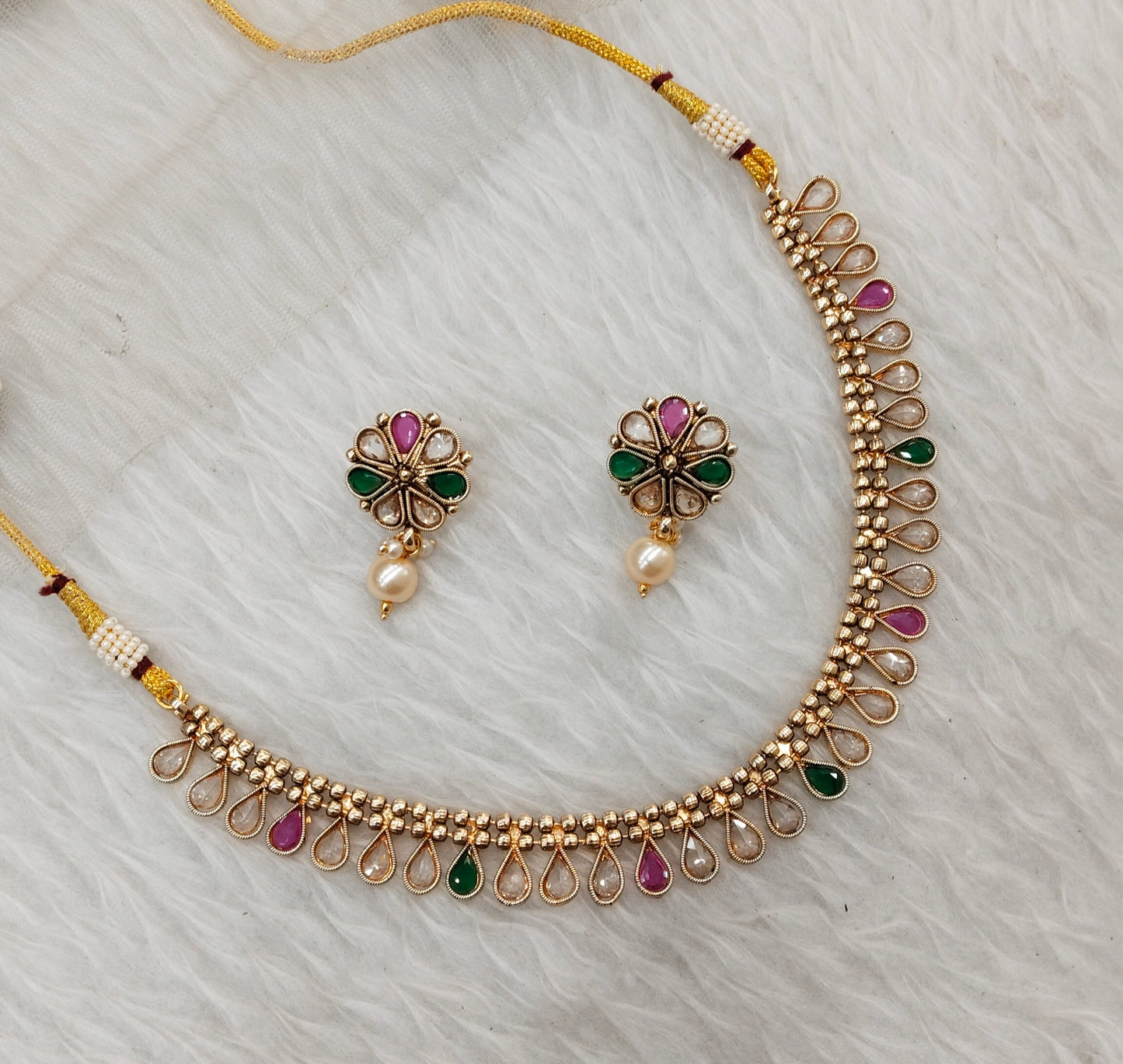 Ruby Green Gold Polki Necklace Jewellery Set