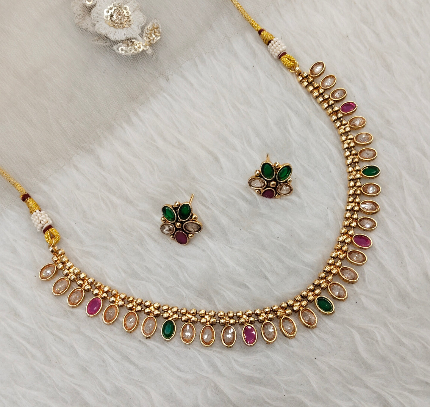 Ruby Green Gold Polki Necklace Jewellery Set