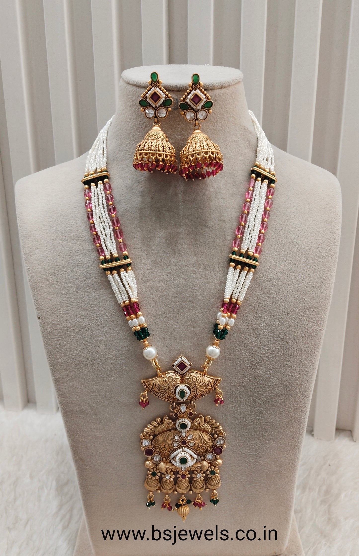 Ruby Green Gold Polki Long Rani Haar Necklace Jewellery Inder Set