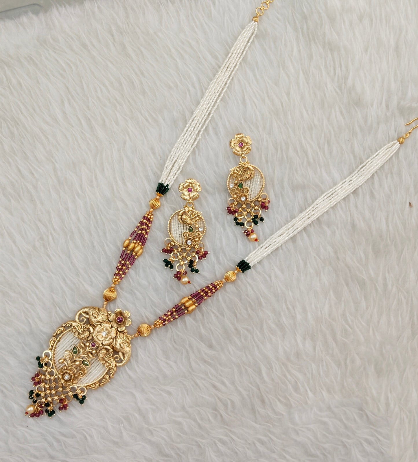 Ruby Green Gold Polki Long Rani Haar Necklace Jewellery Inder Set