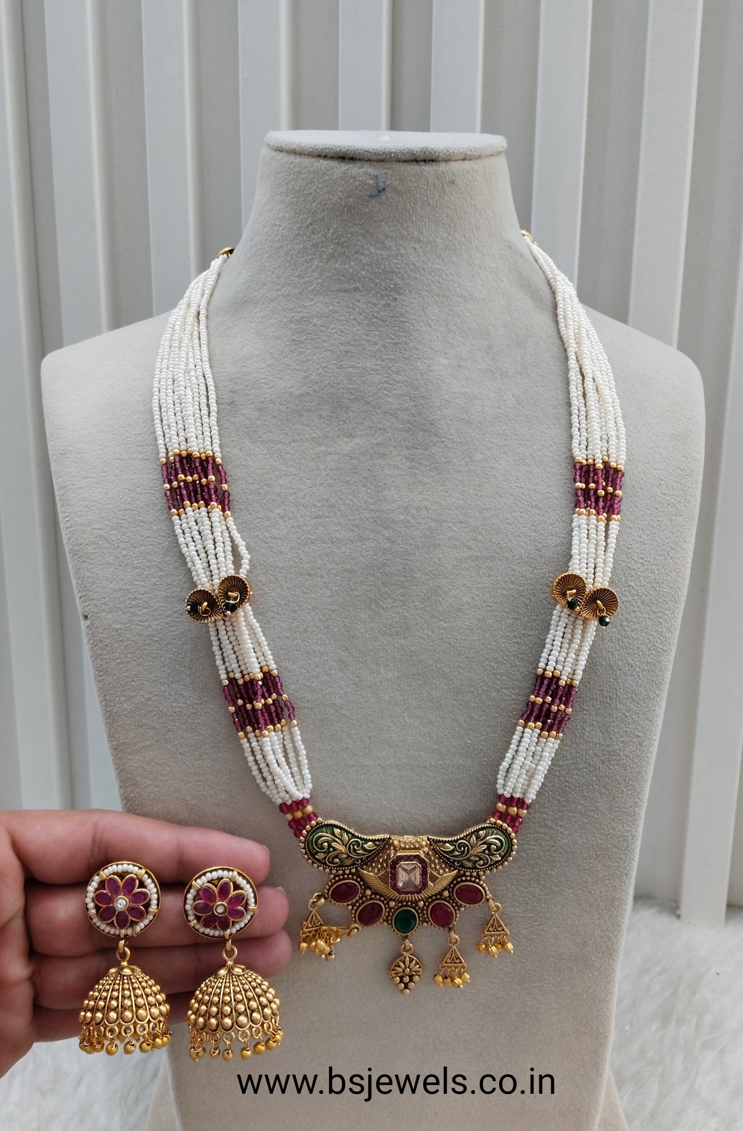 Ruby Green Gold Polki Long Rani Haar Necklace Jewellery Inder Set
