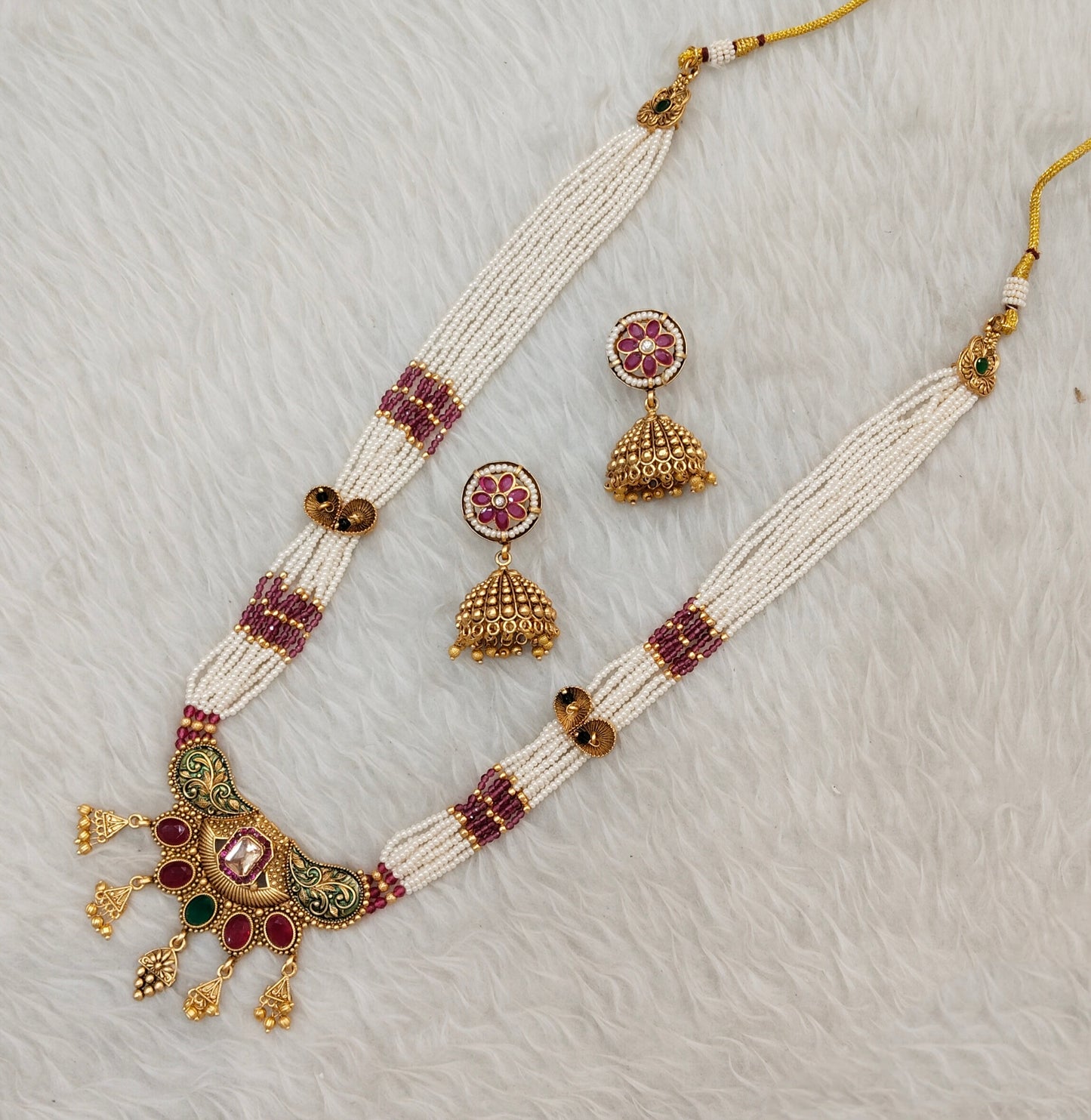 Ruby Green Gold Polki Long Rani Haar Necklace Jewellery Inder Set