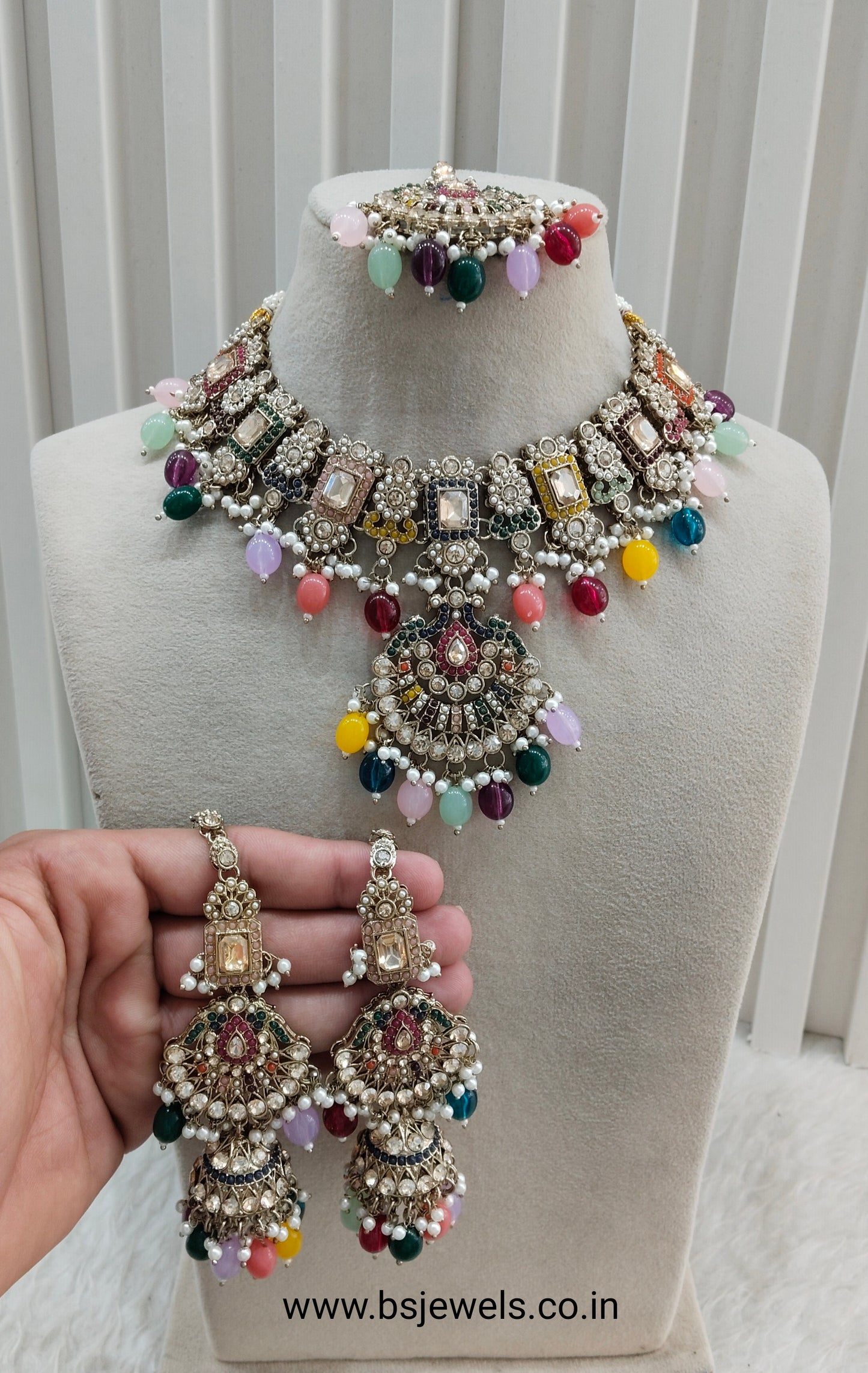 Multi Color Antique Gold Necklace Jewellery Russel Set
