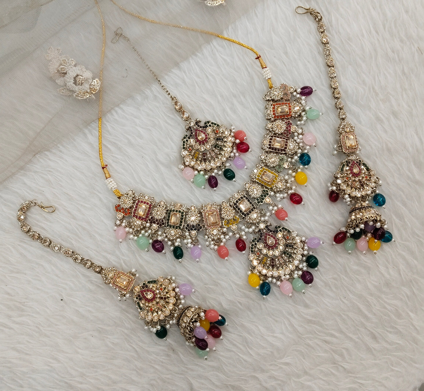 Multi Color Antique Gold Necklace Jewellery Russel Set