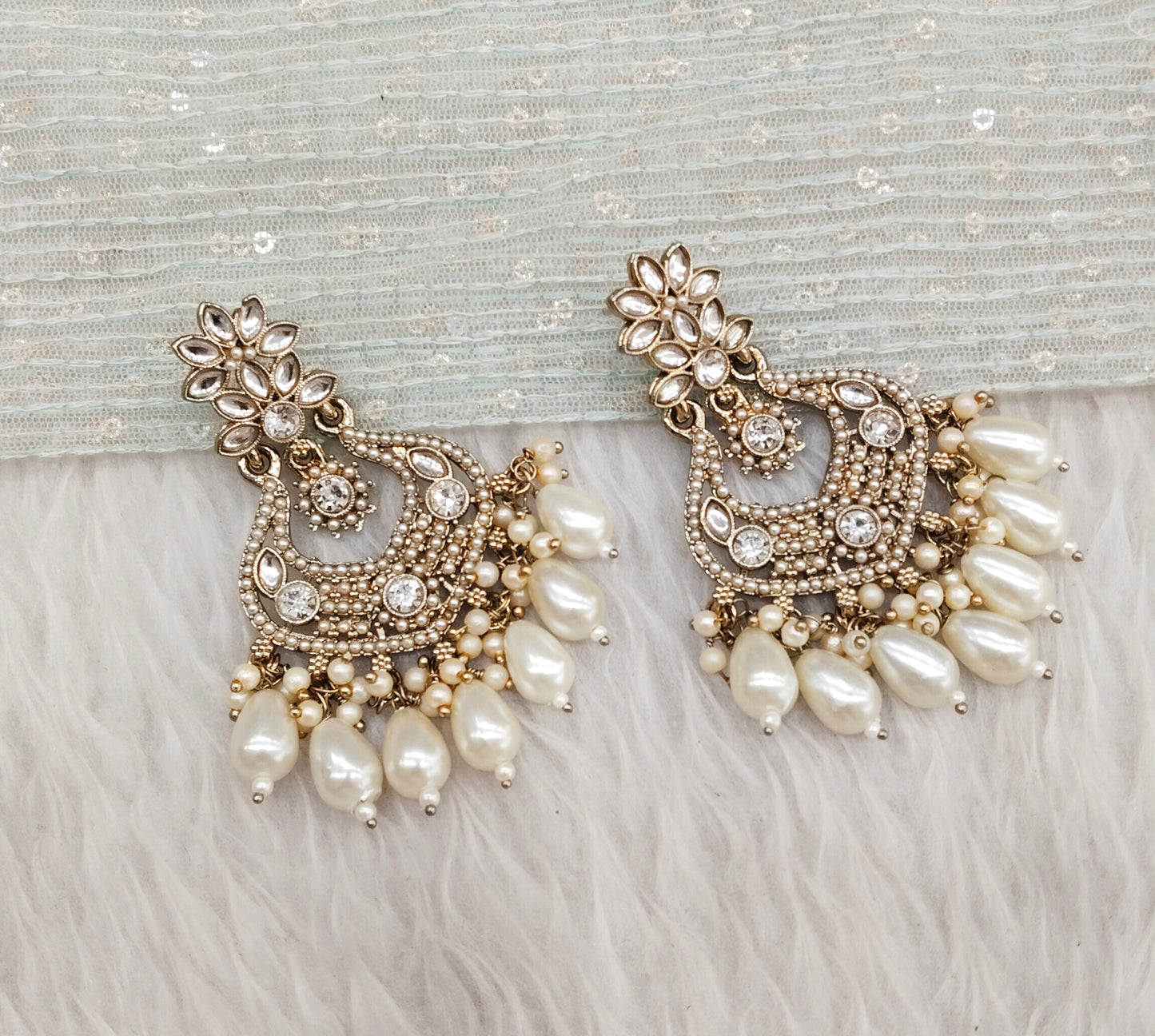 White Antique Gold Bollywood Mukhmantri Earrings