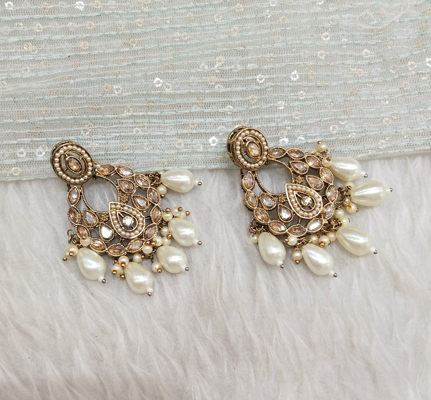 White Antique Gold Bollywood Kane Earrings