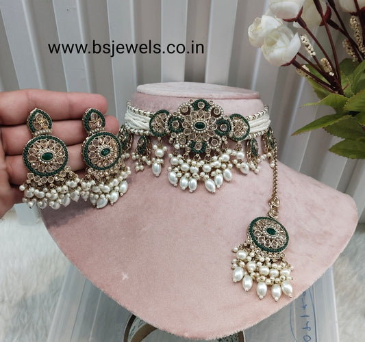 Green Antique Gold Choker Jewellery Monte Set