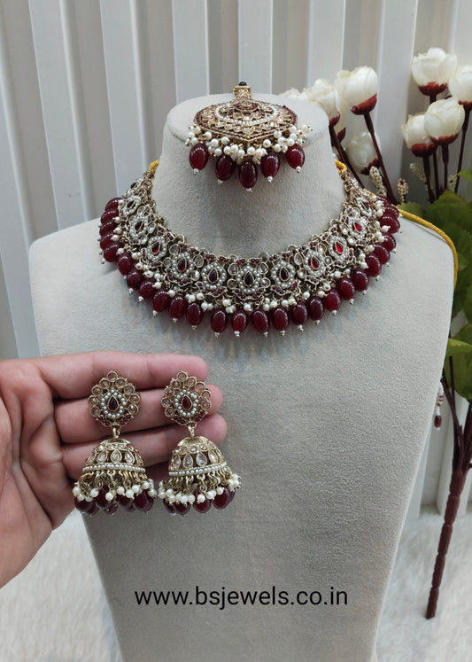 Maroon Antique Gold Necklace Pakistani Jewellery Carlo Set