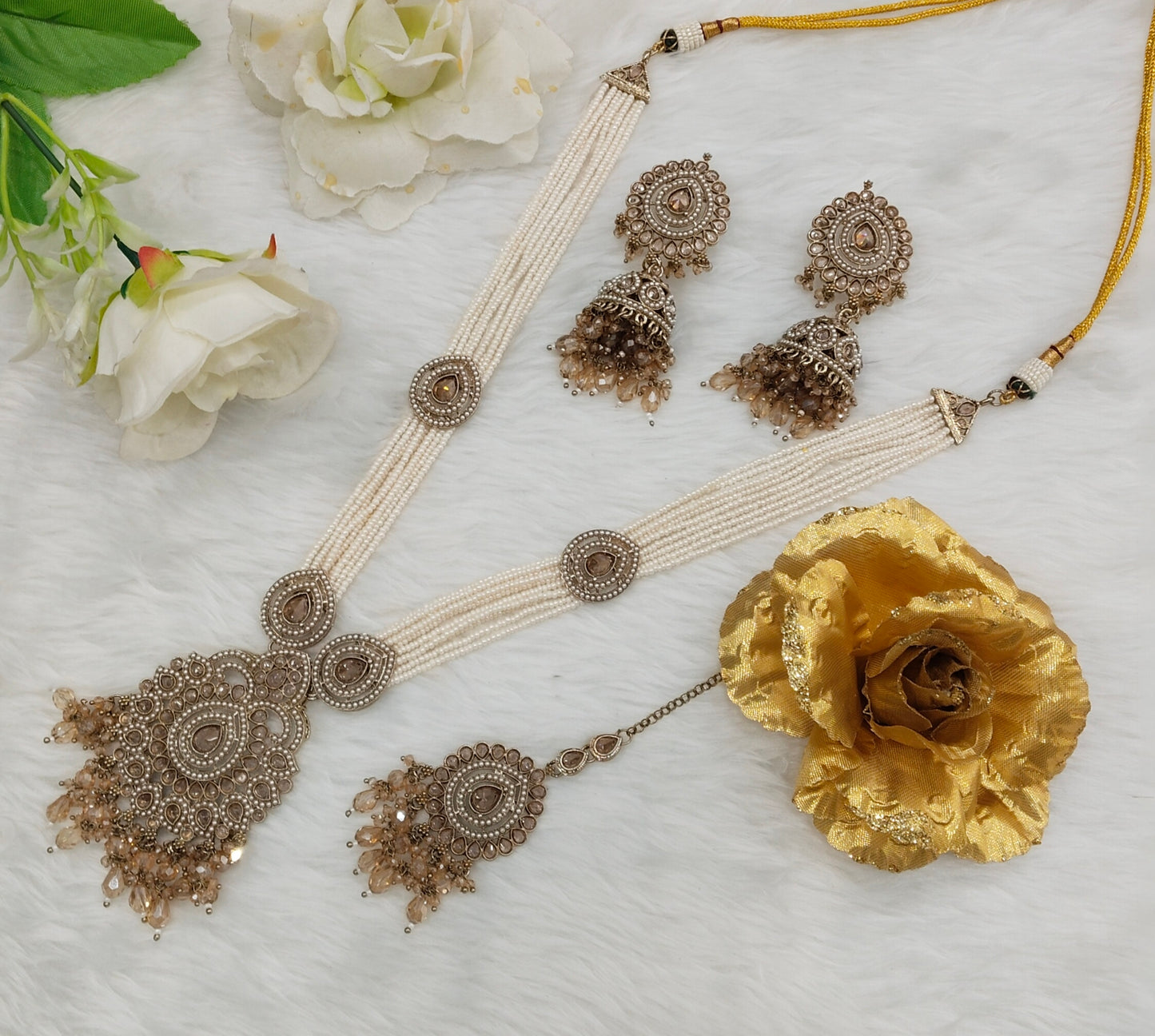 Rani Haar Antique Gold Champagne Stone Jewelry Head Set