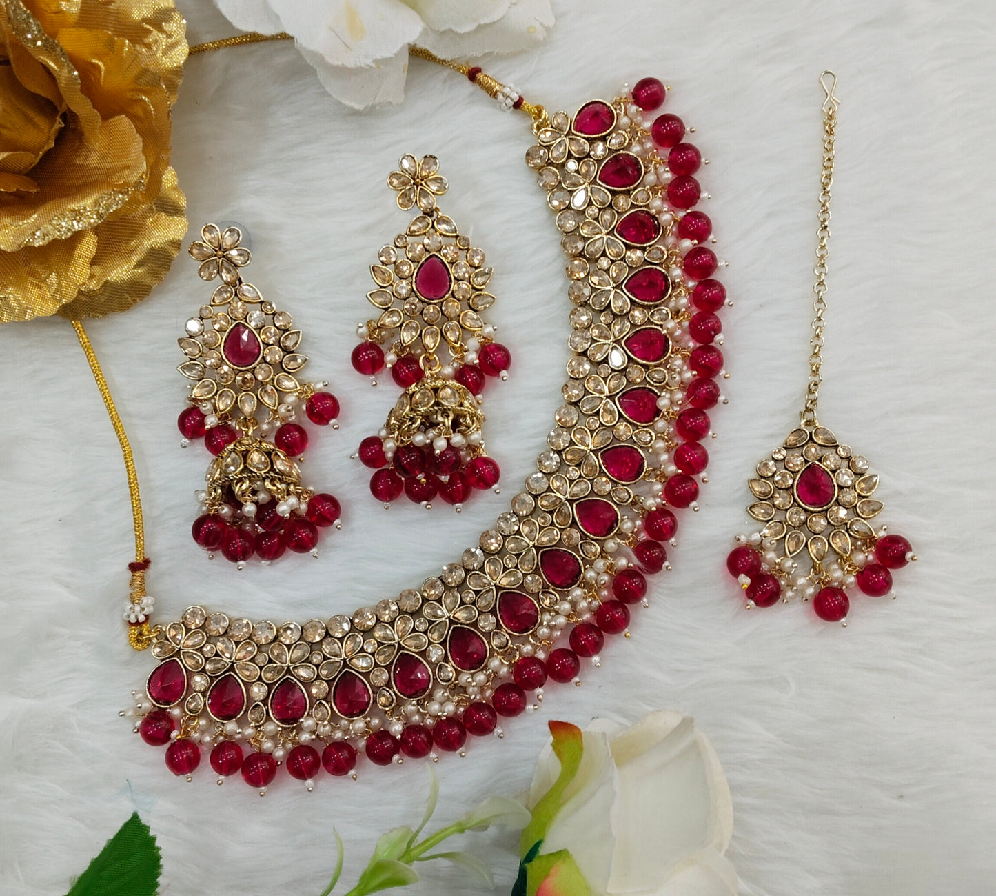 Majenta Antique Gold Kundan Necklace Jewellery Babli Set