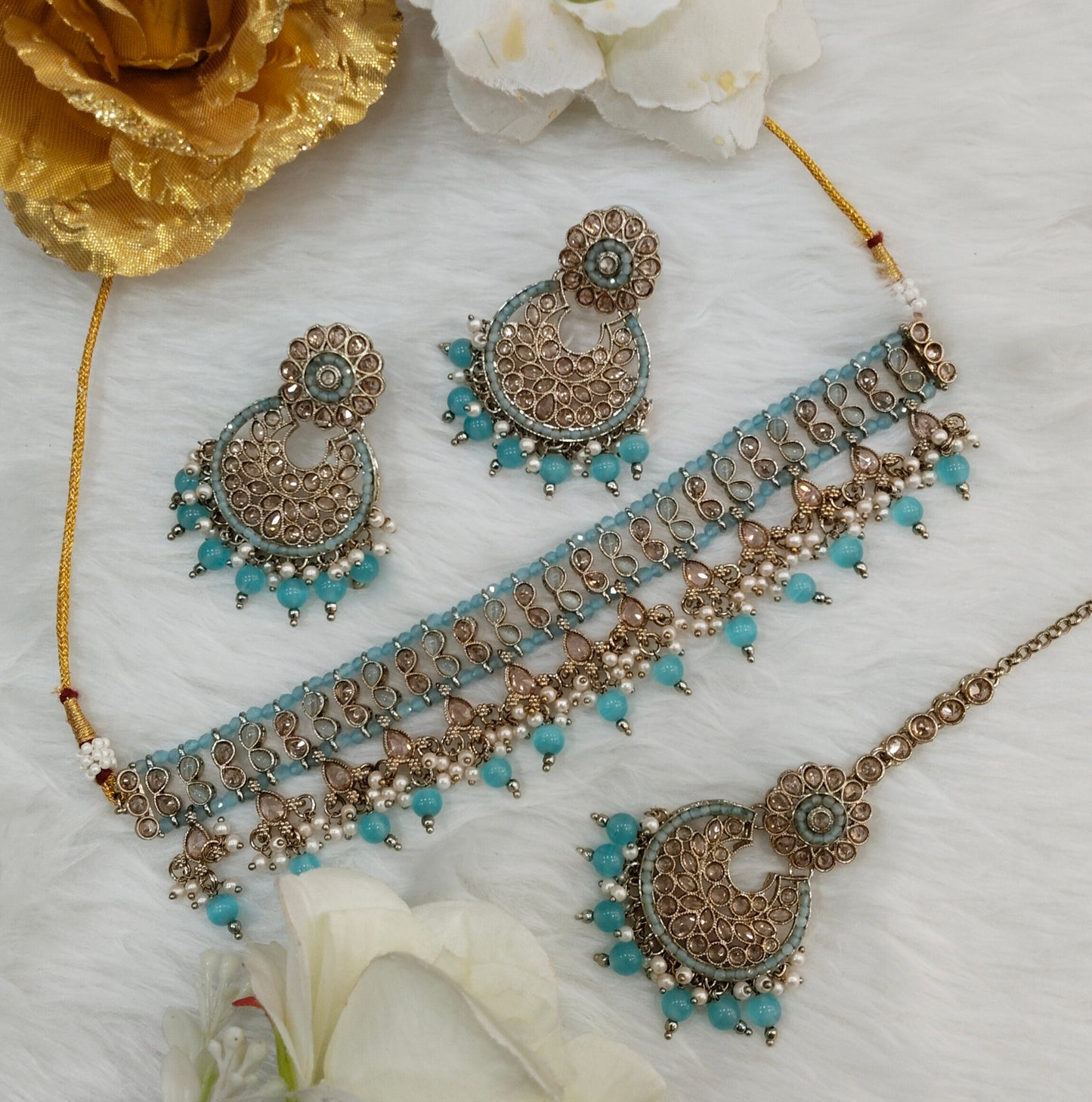 Sea Green Antique Gold Choker Jewellery Babli Set
