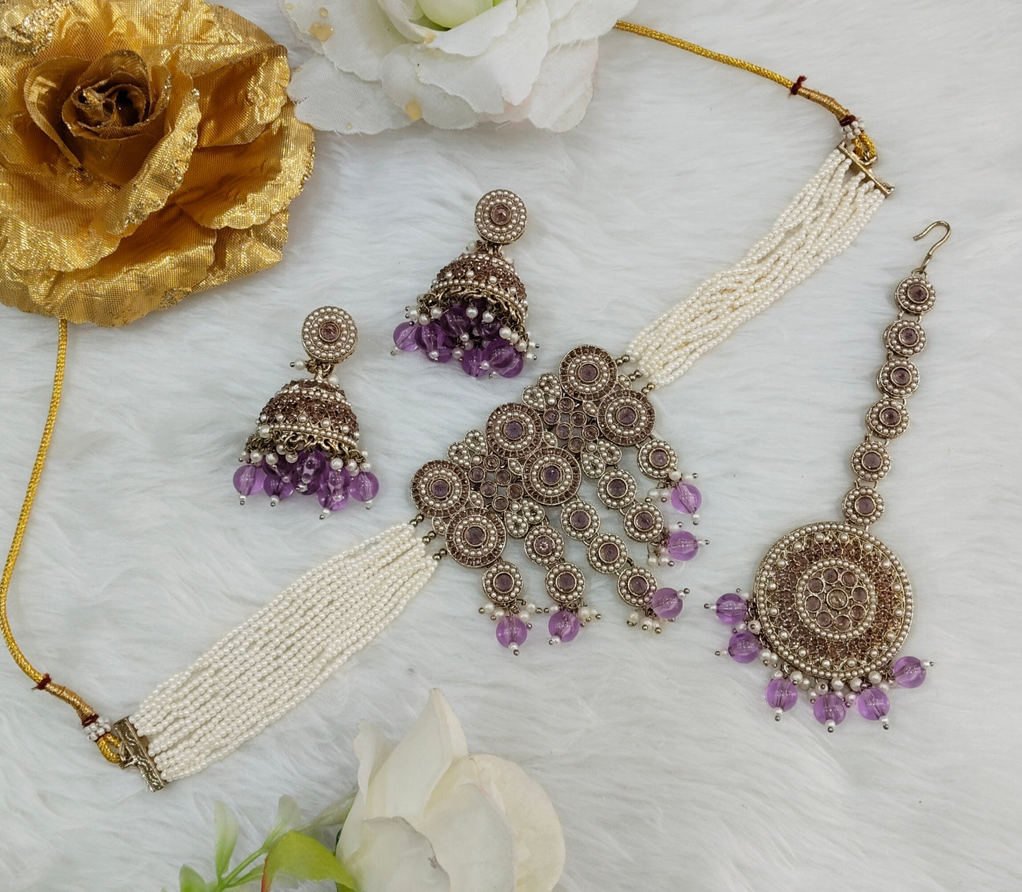 Lavender Antique Gold Choker Jewellery Babli Set