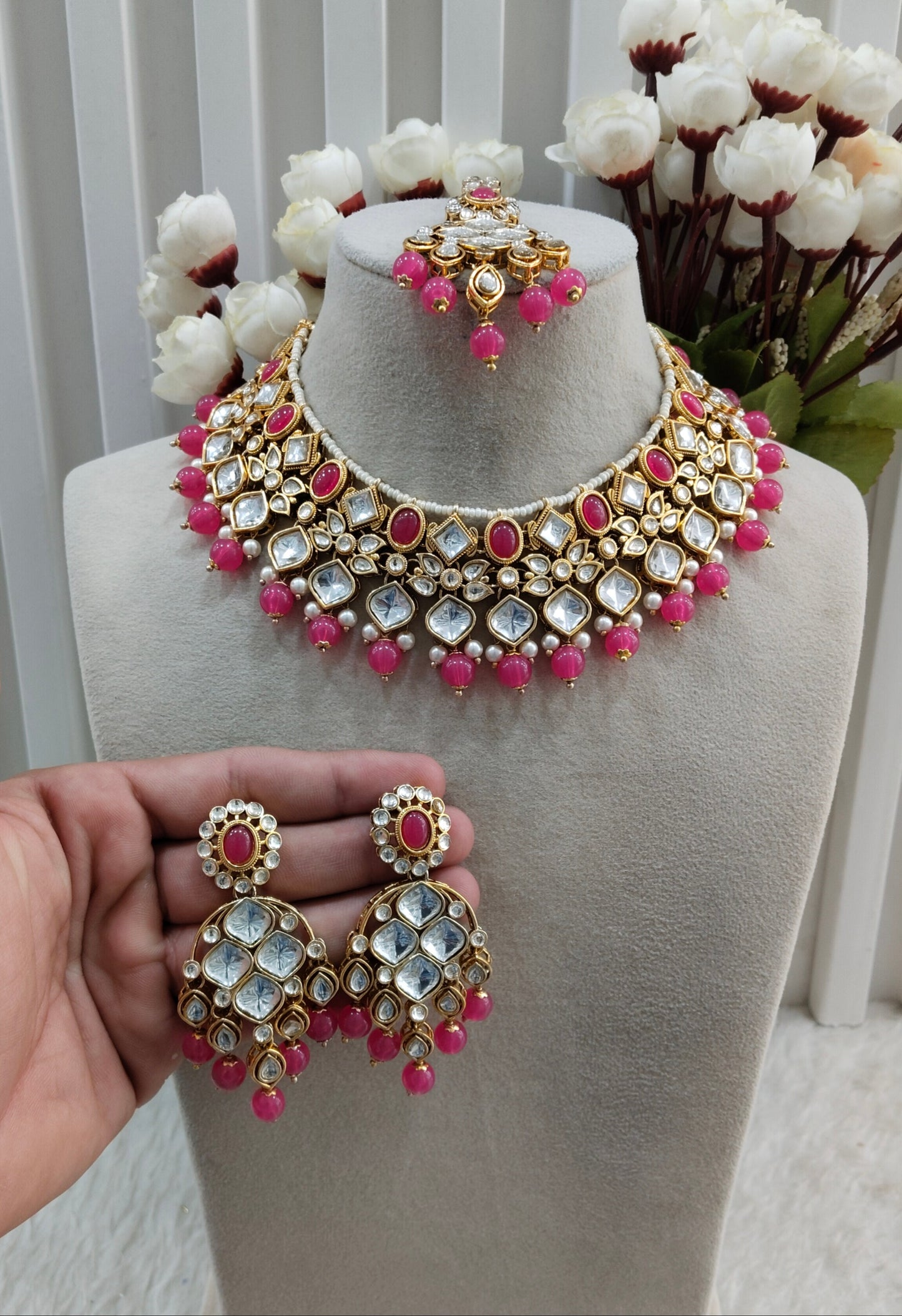 Rani Pink Gold Kundan Necklace Jewellery Rishi Set