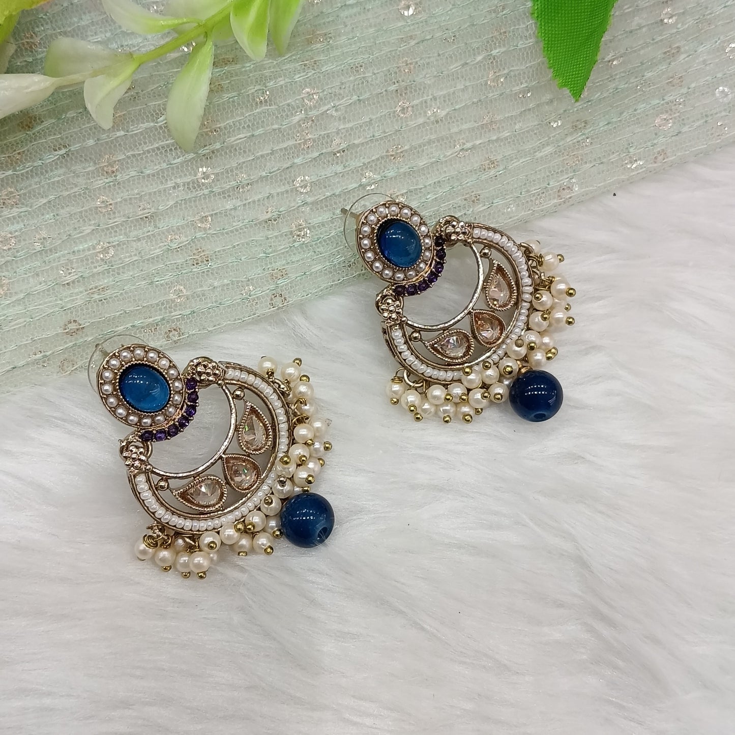 White Blue Antique Gold Bollywood Raina Earrings