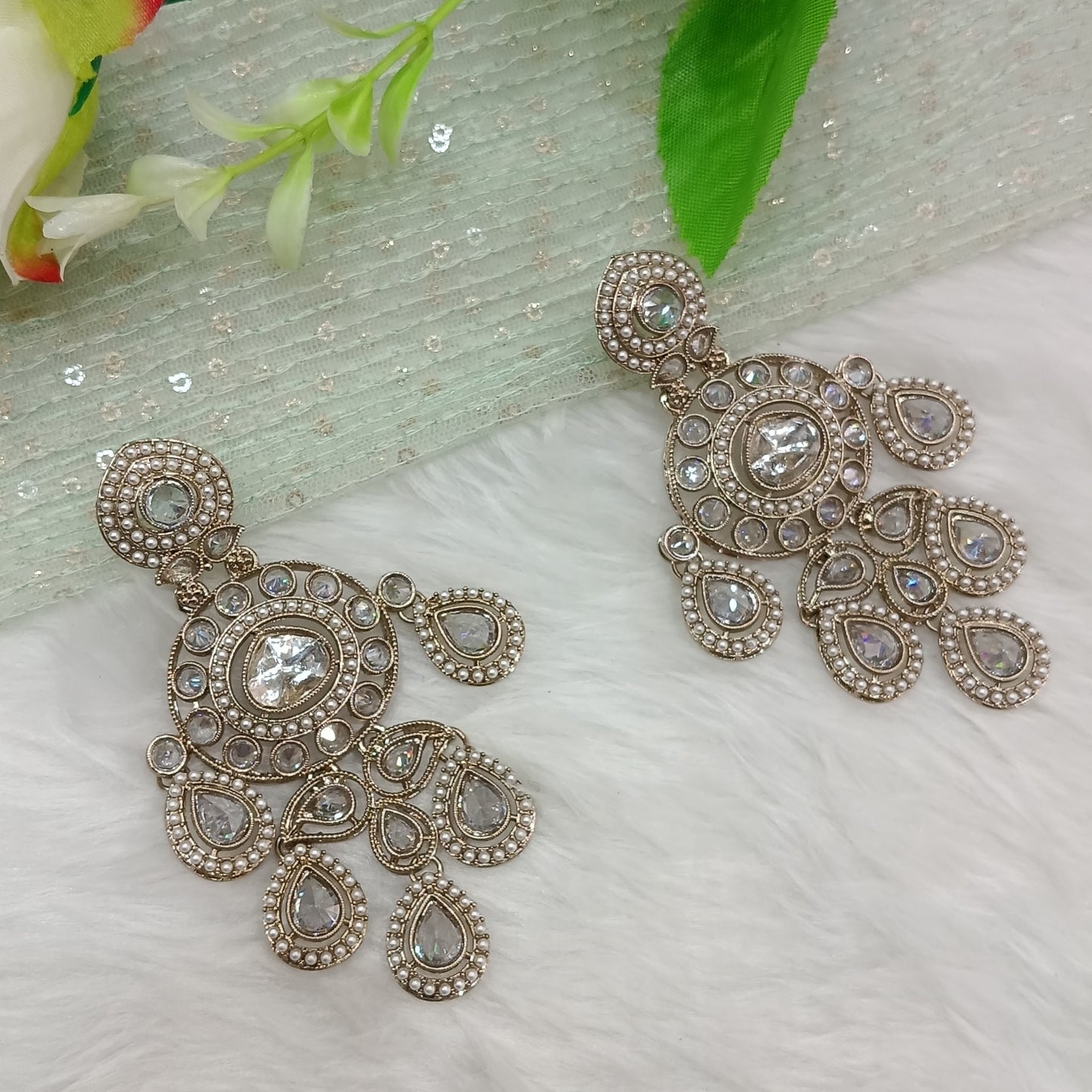White Antique Gold Bollywood Suresh Earrings