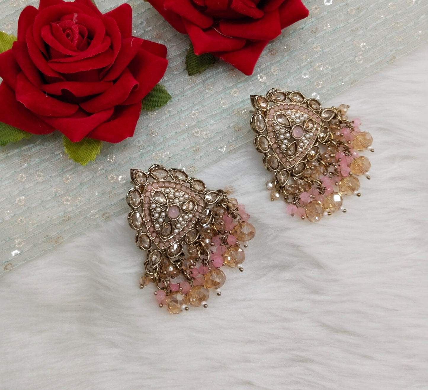 Pink Antique Gold Bollywood Sarpunch Earrings