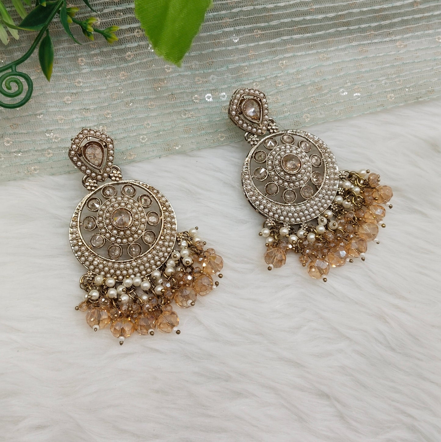 White Antique Gold Bollywood Hooda Earrings