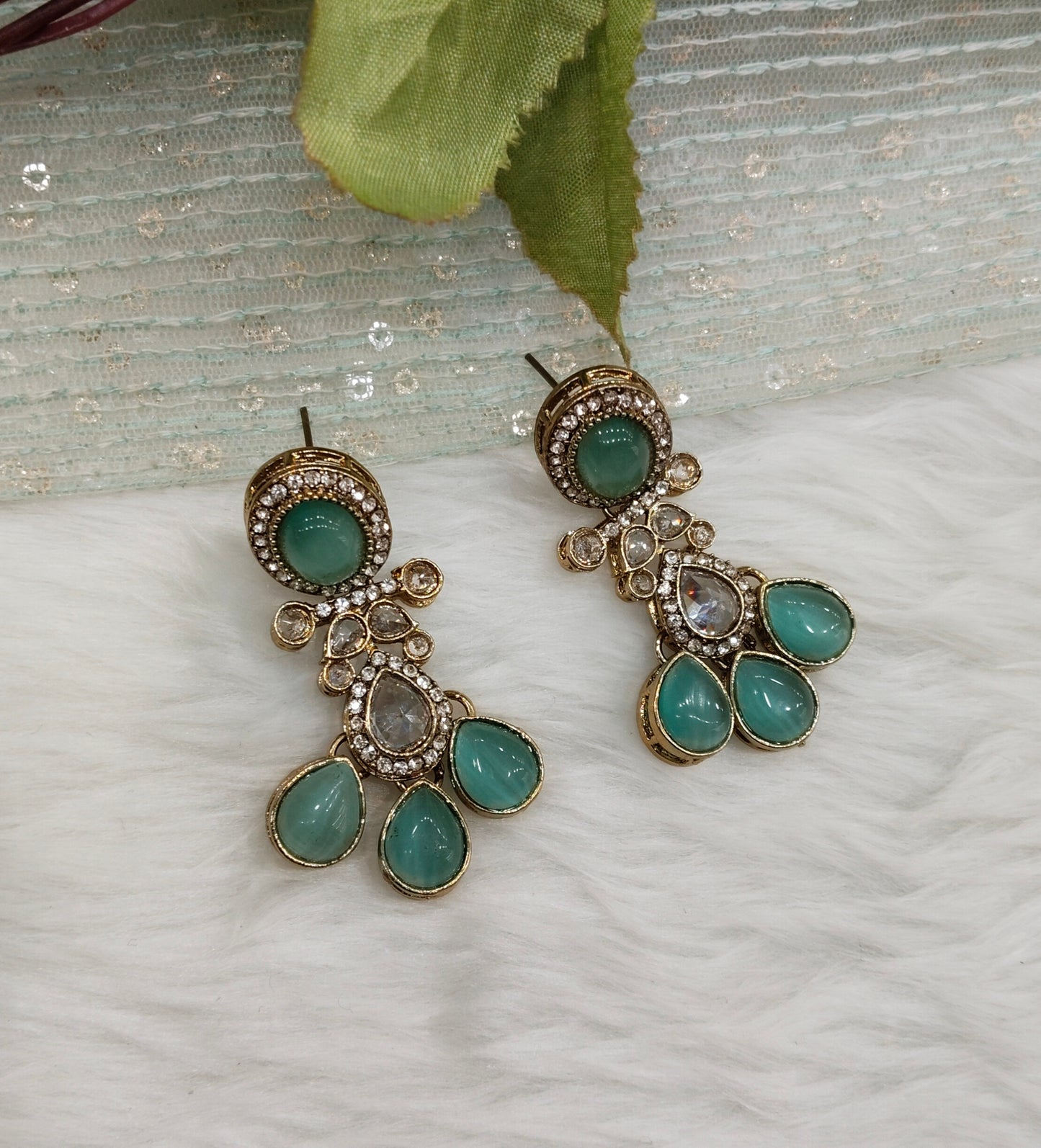 Sage Green Antique Gold Bollywood Salt Earrings