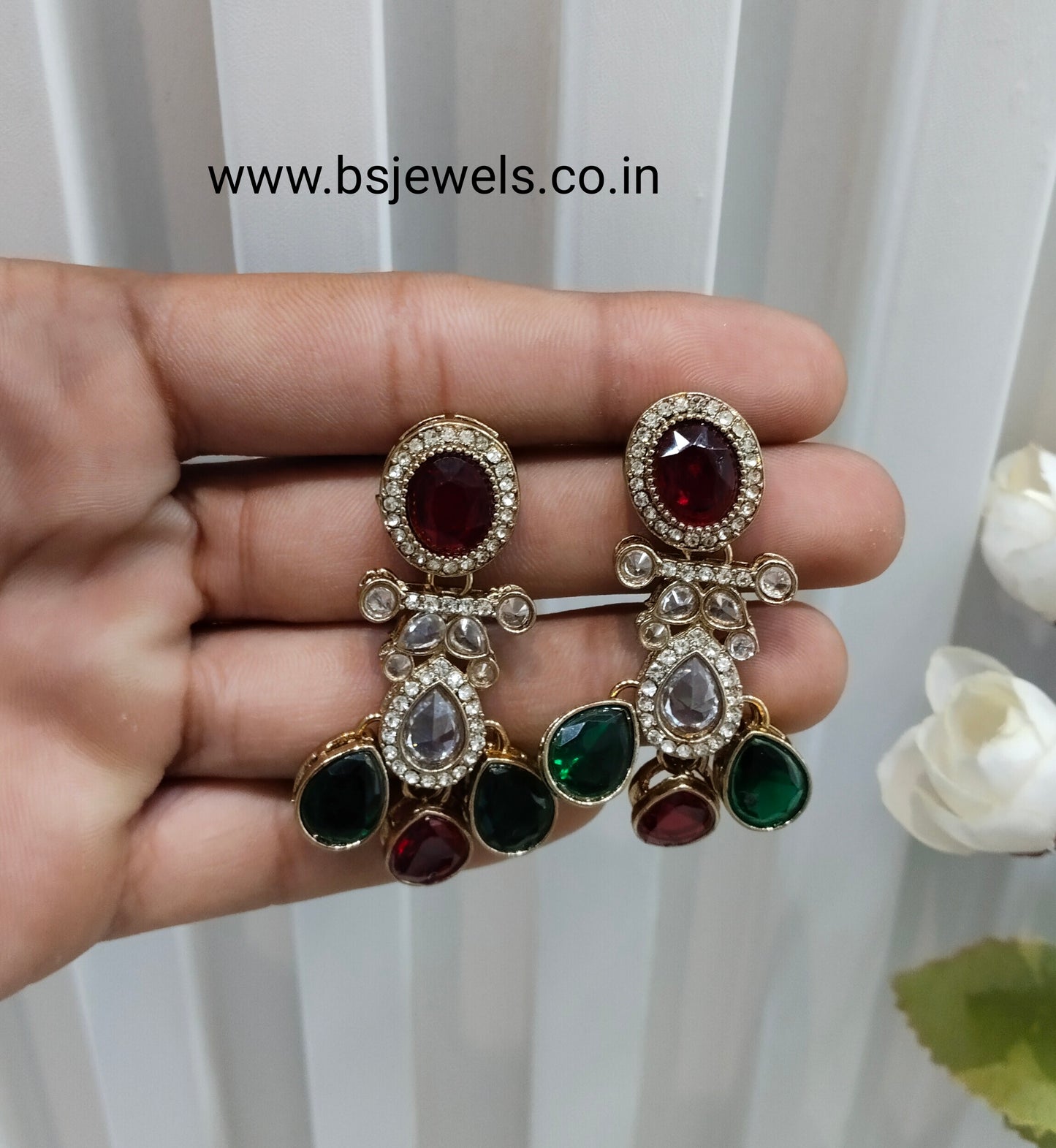 Ruby Green Antique Gold Bollywood Salt Earrings