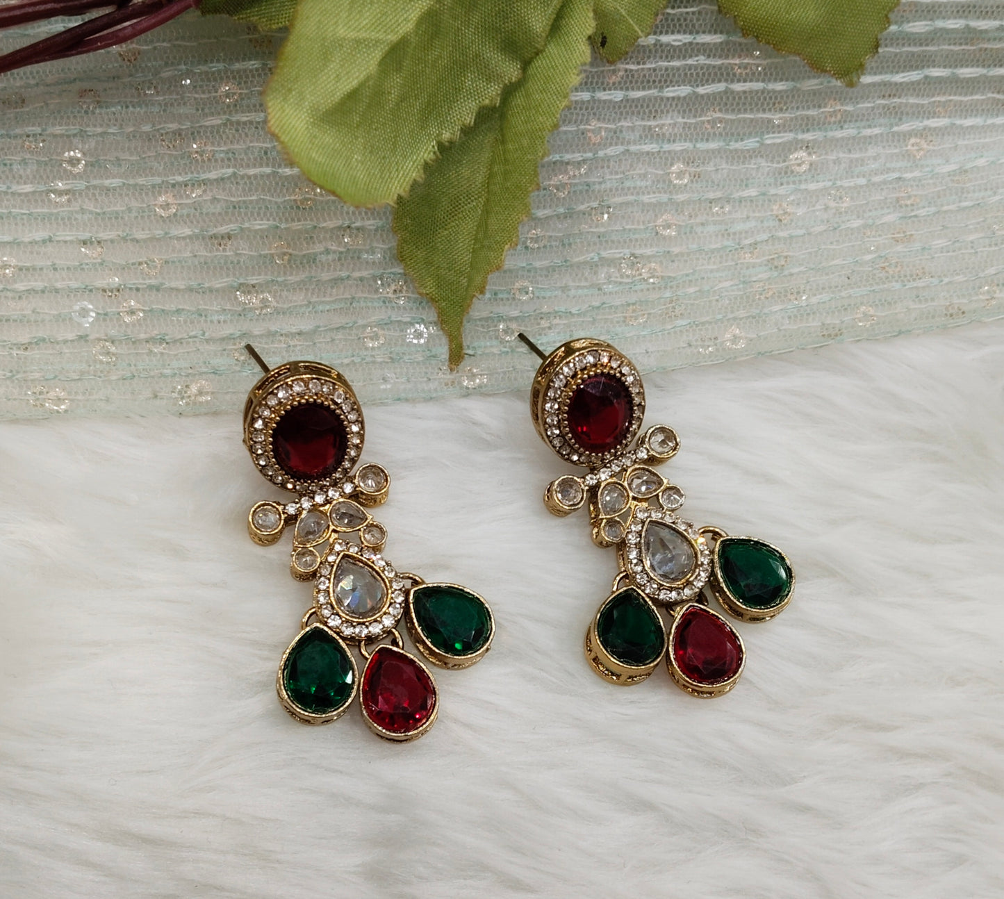 Ruby Green Antique Gold Bollywood Salt Earrings