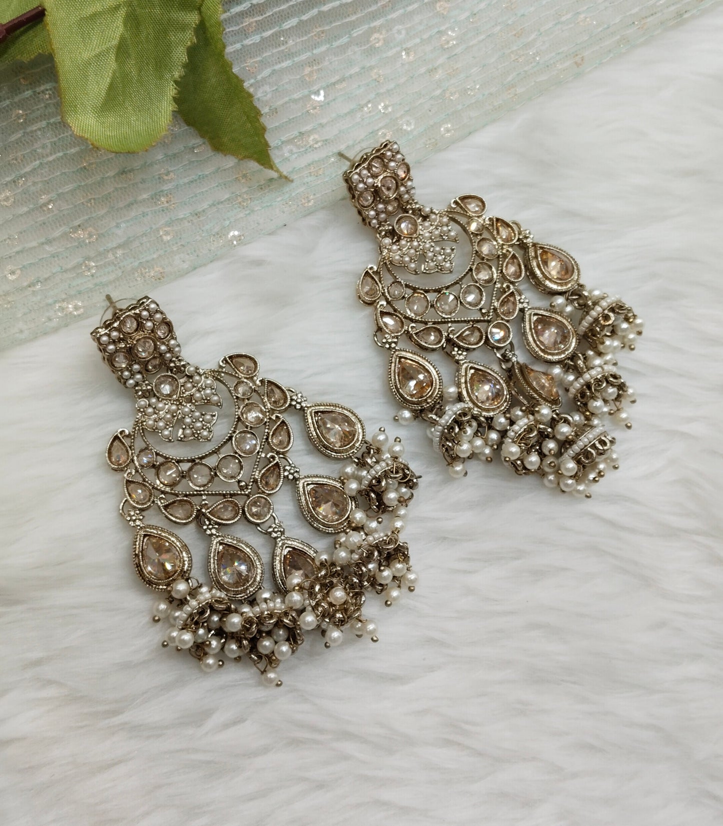 White Antique Gold Bollywood Hooda Earrings