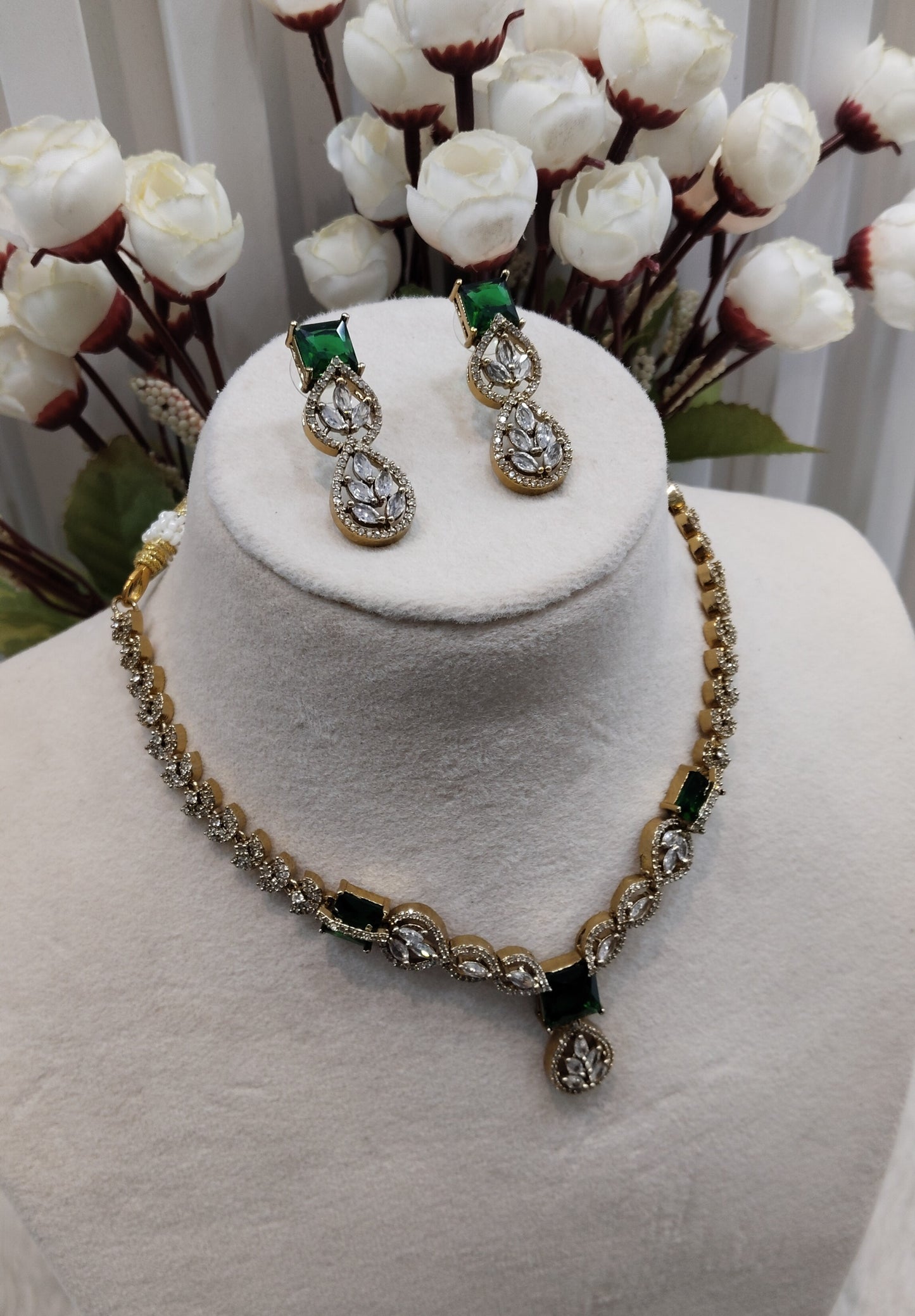 Green Antique Gold CZ Necklace Jewellery Peterson Set