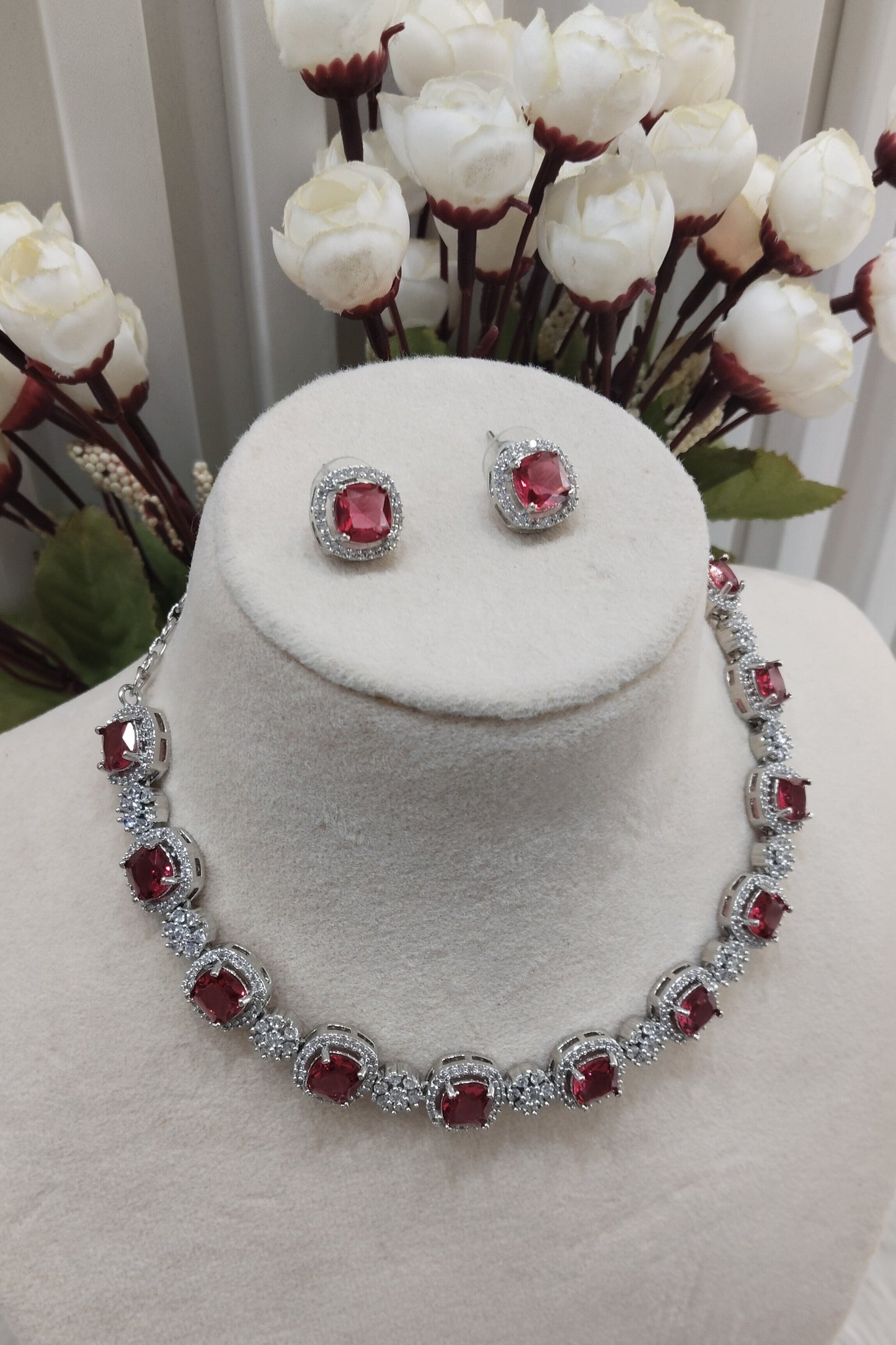 Ruby Silver CZ Necklace Jewellery Kavin Set