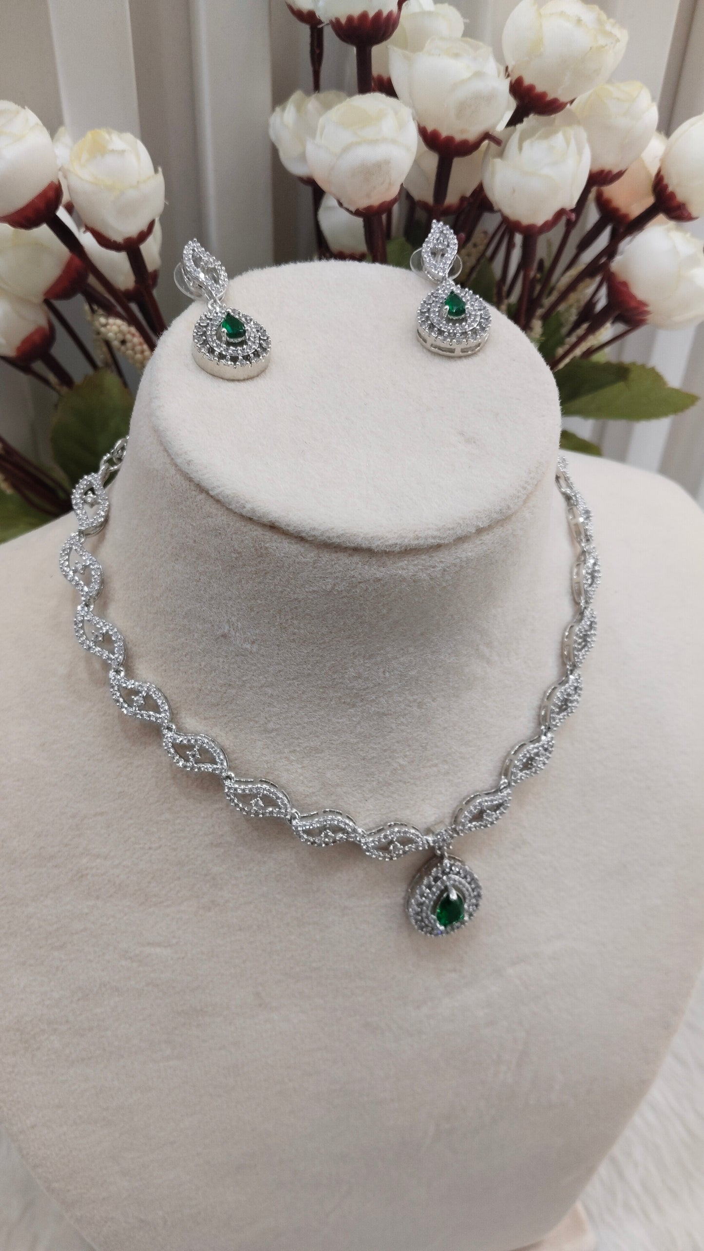 Green Silver CZ Necklace Jewellery Malinga Set