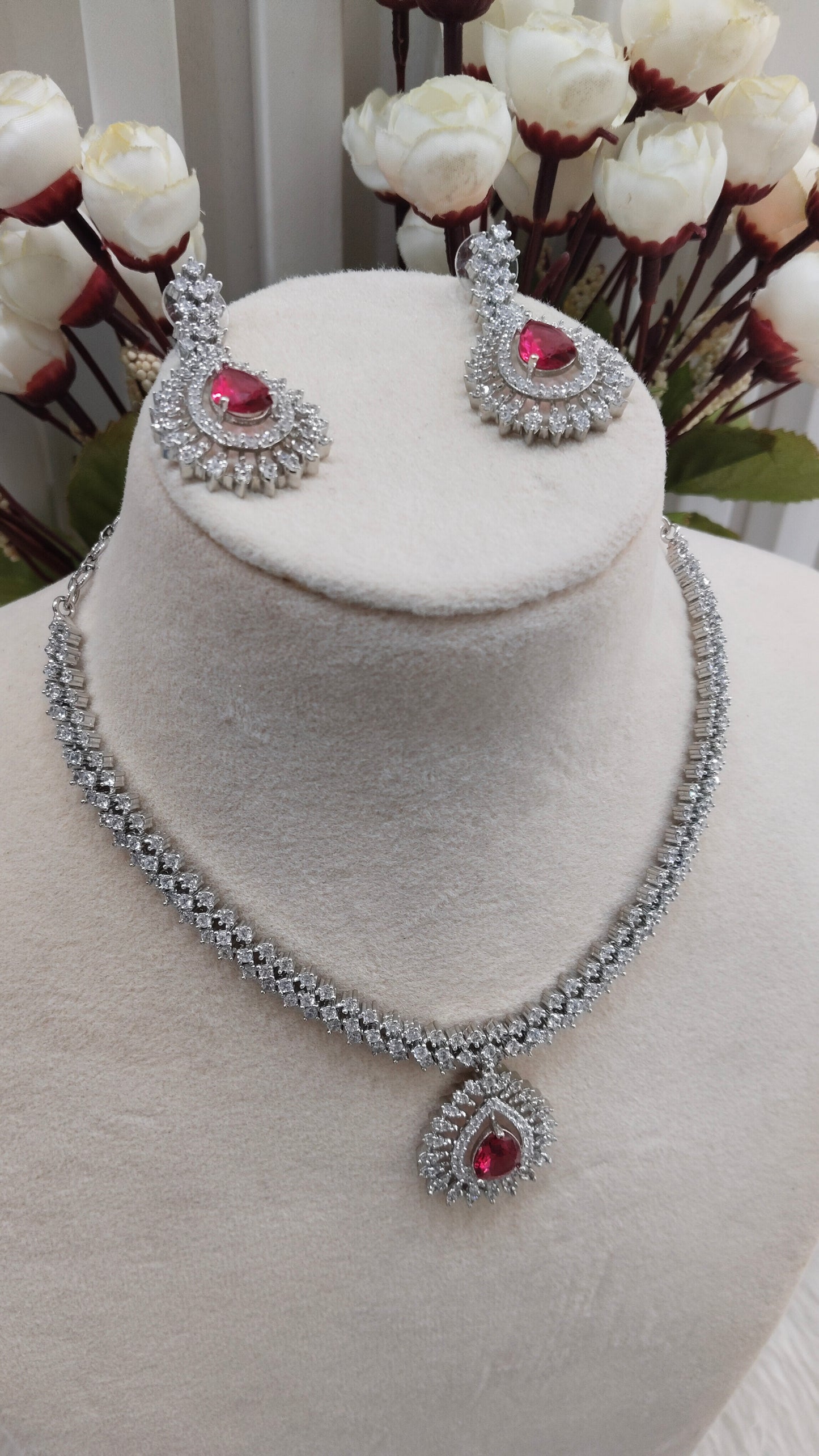 Ruby Silver CZ Necklace Jewellery Polard Set