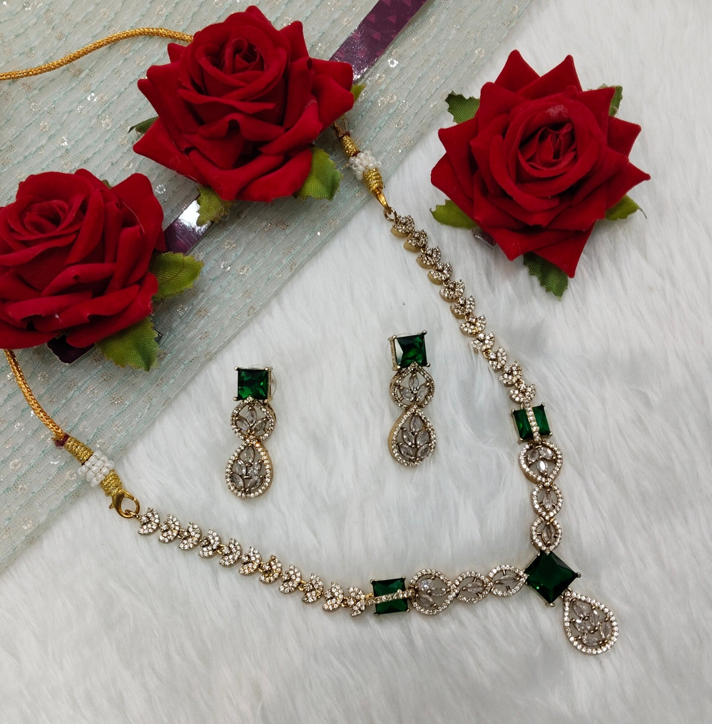 Green Antique Gold CZ Necklace Jewellery Peterson Set